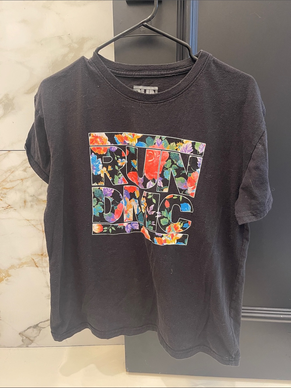Black Floral Graphic Tee with 'RUN DMC' Motif